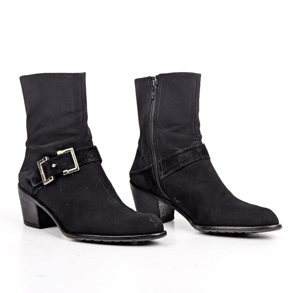 Stuart Weitzman Wmn Vintage Retro Black Fabric Buckle Moto Strap Ankle Boots 7.5